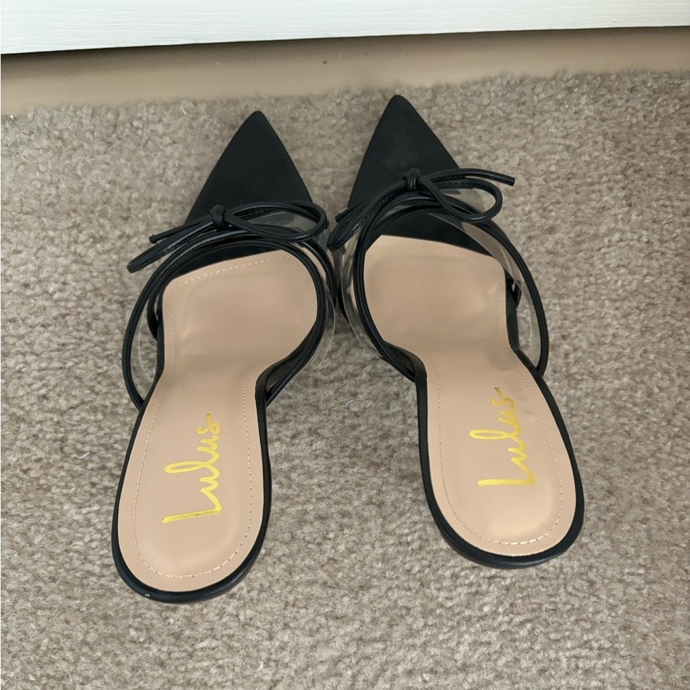 NWOT Lulus Haxy Black Vinyl Pointed-Toe Bow High Heel Sandals - Picture 9 of 14